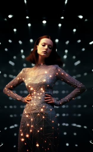 full body portrait, Audrey Marnay wearing avant-garde outfit made of a constellation map designed by Azzedine Alaïa, fashion shoot at a planetarium, photographed by Gregory Crewdson, photographed by Brandon Woelfel, extreme pose, contorted pose --ar 1000:1618