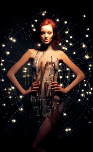 full body portrait, Audrey Marnay wearing avant-garde outfit made of a constellation map designed by Azzedine Alaïa, fashion shoot at a planetarium, photographed by Gregory Crewdson, photographed by Brandon Woelfel, extreme pose, contorted pose --ar 1000:1618