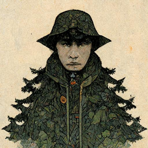 full body portrait goth druidic halfling gloomstalker ranger archer, shadows of forest, ivan bilibin, illustration, detailed, russian folklore, 1920s, trees, grey camo stone trenchcoat