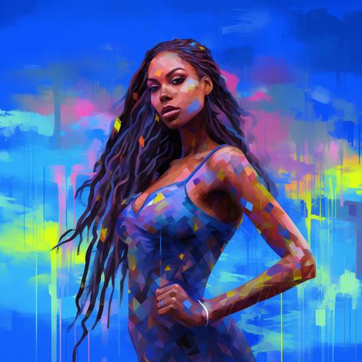 full body portrait of a 20 year old black college age beautiful black american woman, member of zeta phi beta sorority, long flowing braided hair, hyper realistic symmetrical soft supermodel beautiful approaching perfection face, hyper realistic symmetrical beautiful approaching perfection body, abstract colorful futuristic background, vogue style, DeviantArt, art station, ultra HD, oil painting, heavy strokes, paint dripping, no letters fonts typography watermark logo signature