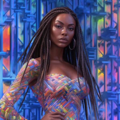 full body portrait of a 20 year old black college age beautiful black american woman, member of zeta phi beta sorority, long flowing braided hair, hyper realistic symmetrical soft supermodel beautiful approaching perfection face, hyper realistic symmetrical beautiful approaching perfection body, abstract colorful futuristic background, vogue style, DeviantArt, art station, ultra HD, oil painting, heavy strokes, paint dripping, no letters fonts typography watermark logo signature