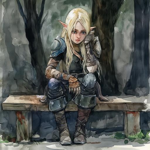 full-body portrait of a cute blonde tween elf, in dark clothes and a leather armor, with a sad expression, dark blue eyes, sitting on a bench, watercolour painting, character art, fntasy art --v 6.0