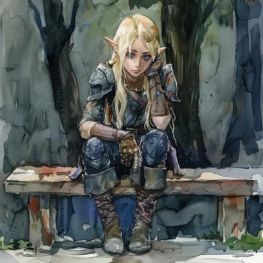 full-body portrait of a cute blonde tween elf, in dark clothes and a leather armor, with a sad expression, dark blue eyes, sitting on a bench, watercolour painting, character art, fntasy art