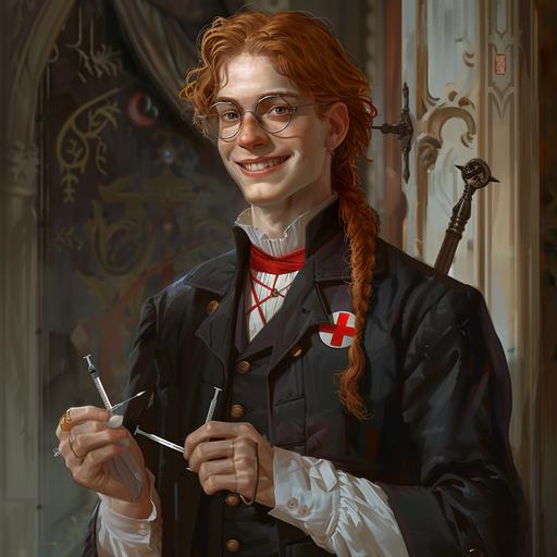 full body portrait of a handsome teenager, wearing glasses, long red hair in a braid, dressed in elegant Victorian attire with a red cross armband, elfin face, pale skin, smile showing pointed teeth, holding a syringe between his fingers, ready to give someone a dose of medicine, wearing swords on his back, Hellboy TTRPG, character art, moody