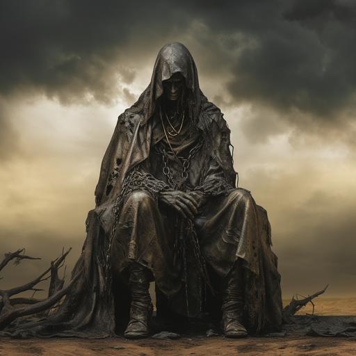 full body portrait of a hooded man wearing lanky long monastic robes sitting on a decaying horse, harbringer of despair, desolation and despair imprinted in the air, bronze bells and the colour of rot, 8k
