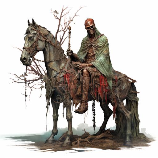 full body portrait of a man wearing lanky long robes sitting on a decaying horse, harbringer of despair, nurgle, desolation and despair imprinted in the air, bronze bells and the colour of rot, realistic, 8k