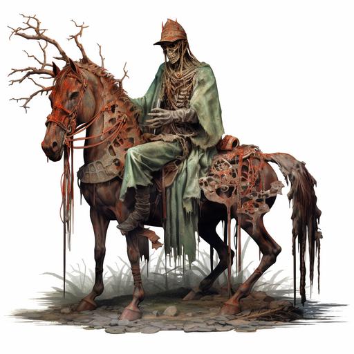 full body portrait of a man wearing lanky long robes sitting on a decaying horse, harbringer of despair, nurgle, desolation and despair imprinted in the air, bronze bells and the colour of rot, realistic, 8k