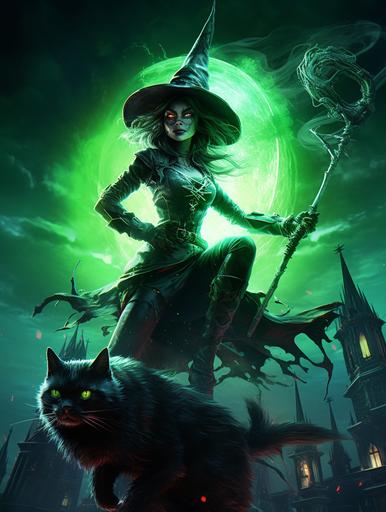 full body portrait of a neon green creepy witch flying on a broom with a black cat, bright vibrant colors, full moon and castle in the background, poster art,octane render, symmetrical artwork, cinematic, hyper-realism, high detail, 8k --aspect 3:4