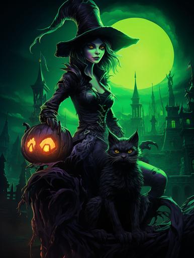 full body portrait of a neon green creepy witch riding on a broom with a black cat, bright vibrant colors, full moon and castle in the background, poster art,octane render, symmetrical artwork, cinematic, hyper-realism, high detail, 8k --aspect 3:4