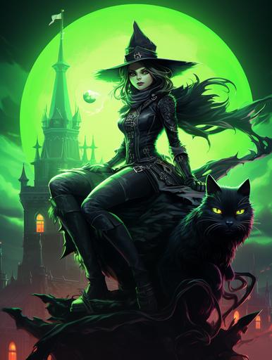 full body portrait of a neon green creepy witch riding on a broom with a black cat, bright vibrant colors, full moon and castle in the background, poster art,octane render, symmetrical artwork, cinematic, hyper-realism, high detail, 8k --aspect 3:4