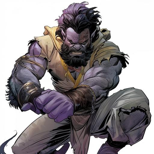 full body portrait of a young grey skinned male duergar martial artist, Neal Adams, claws, wolverine claws, scars, dwarf, duergar, grey skin, chin curtain, ash skin, wide, broad, in the style of Neal Adams, young, beige tunic, cool colors, purple, blue, violet, casual clothes, dnd, fantasy, comic book, vivid colors --v 6.0