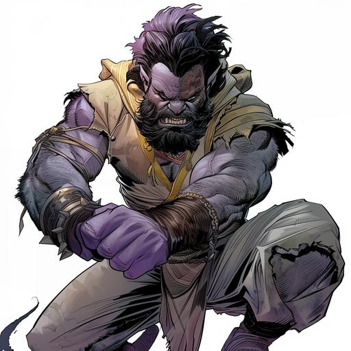 full body portrait of a young grey skinned male duergar martial artist, Neal Adams, claws, wolverine claws, scars, dwarf, duergar, grey skin, chin curtain, ash skin, wide, broad, in the style of Neal Adams, young, beige tunic, cool colors, purple, blue, violet, casual clothes, dnd, fantasy, comic book, vivid colors --v 6.0