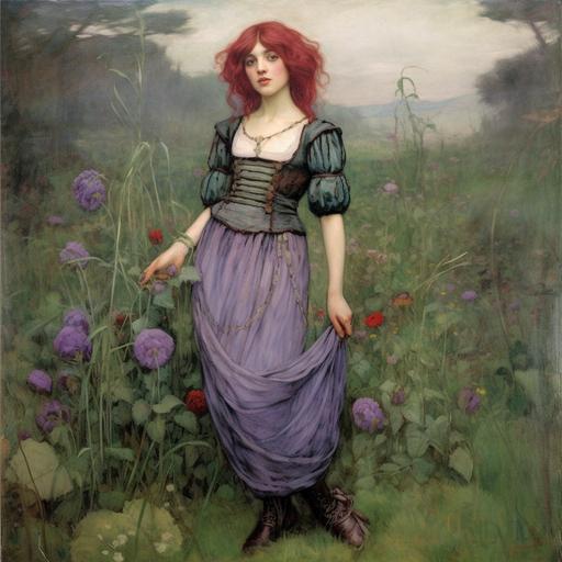 full-body portrait of a young woman nymph wearing gucci high fashion clothes with pastel violet hair by john william waterhouse --v 5.1 --v 5