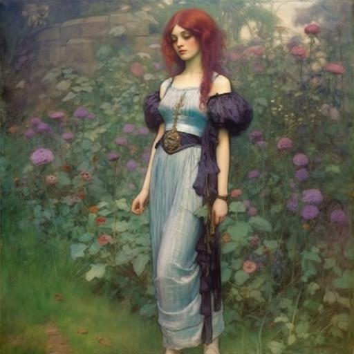 full-body portrait of a young woman nymph wearing gucci high fashion clothes with pastel violet hair by john william waterhouse --v 5.1 --v 5