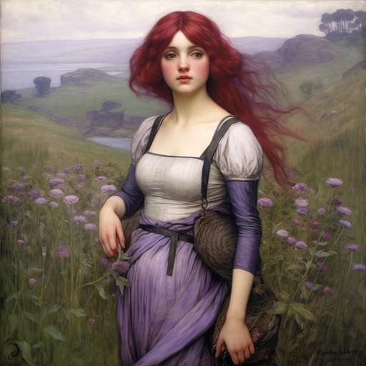 full-body portrait of a young woman nymph with pastel violet hair by john william waterhouse --v 5.1 --q 2 --v 5