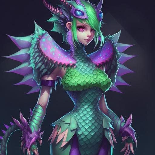 full body portrait of an anthropomorphic dragon anime girl, green and purple scale covered skin, cyber suite, by CloverWorks --v 4