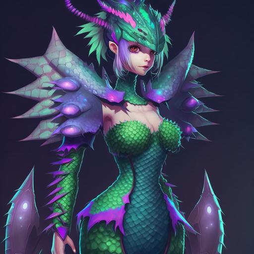 full body portrait of an anthropomorphic dragon anime girl, green and purple scale covered skin, cyber suite, by CloverWorks --v 4
