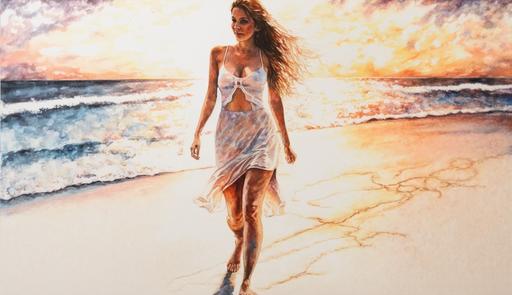 full body portrait of helli berri in white bikini, walking out of the caribic sea, sunset, picture painted with a watercolored pencil , --ar 16:9