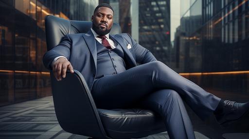 full body portrait plus size black male model wearing dark grey suit with brown shoes sitting in large blue armchair modern city sidewalk shiny modern architecture in background --ar 16:9