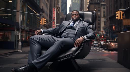 full body portrait plus size black male model wearing dark grey suit with brown shoes sitting in large blue armchair modern city sidewalk shiny modern architecture in background --ar 16:9