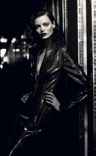 full body portrait, supermodel Shalom Harlow as hardboiled spy wearing avant-garde outfit inspired by trenchcoat, film noir fashion shoot in Manhattan, photographed by Peter Lindbergh, extreme pose, contorted pose, highly detailed --ar 1000:1618