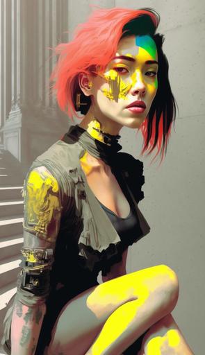 full body portrait, young punk woman, multicolored sidecut hair cyberpunk, matrix, vantablack + yellow + neon watercolor, glitch art, by Yoji Shinkawa + Pino Daeni, 32k --ar 9:16 --s 1000 --c 50 --no words, letters, signature, watermark --q 2 --v 4