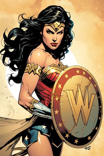full body pose, Wonder Woman holding a golden shield with her 