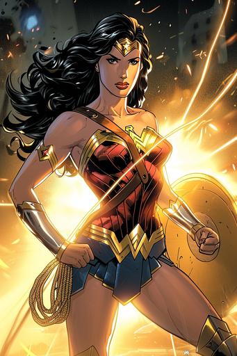 full body pose, Wonder Woman holding a golden shield with her 