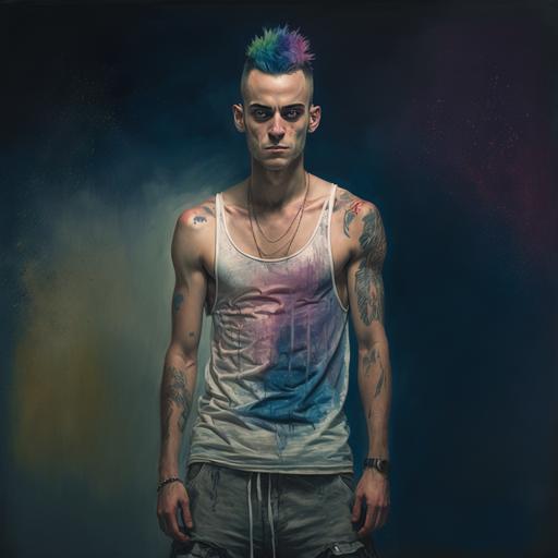 full body pose, hyperrealistic mixed media painting of a attractive {Joseph William Gilgun} with rainbow hair, soft eyes and narrow chin, dainty figure, torn and tattered tank top, mid riff, short shorts, combat boots, fishnets wet t shirt, wet, raining, dim volumetric lighting, 8 k octane beautifully detailed render, post processing, portrait, extremely hyper, detailed, intricate, epic composition, cinematic lighting, masterpiece, trending on artstation, very very detailed, masterpiece, stunning, 8 k, hdr, smooth, sharp focus, high resolution, award - winning photo, dslr, 5 0 mm