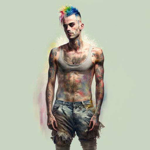 full body pose, hyperrealistic mixed media painting of a attractive {Joseph William Gilgun} with rainbow hair, soft eyes and narrow chin, dainty figure, torn and tattered tank top, mid riff, short shorts, combat boots, fishnets wet t shirt, wet, raining, dim volumetric lighting, 8 k octane beautifully detailed render, post processing, portrait, extremely hyper, detailed, intricate, epic composition, cinematic lighting, masterpiece, trending on artstation, very very detailed, masterpiece, stunning, 8 k, hdr, smooth, sharp focus, high resolution, award - winning photo, dslr, 5 0 mm