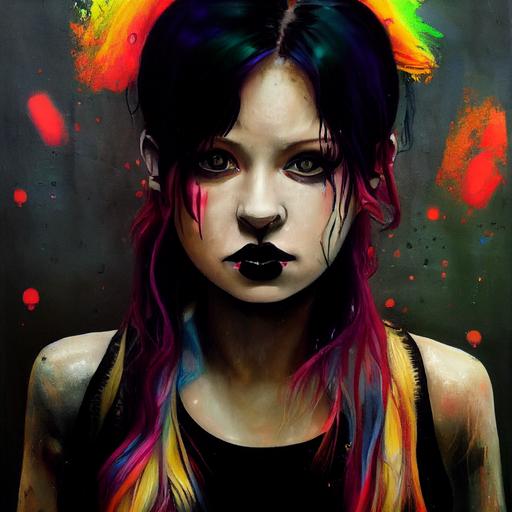 full body pose, hyperrealistic mixed media painting of a goth girl, Tiffany Sheppis, with rainbow hair, soft eyes and narrow chin, dainty figure, torn and tattered tank top, mid riff, short shorts, combat boots, fishnets wet t shirt, wet, raining, dim volumetric lighting, 8 k octane beautifully detailed render, post - processing, portrait, extremely hyper - detailed, intricate, epic composition, cinematic lighting, masterpiece, trending on artstation, very very detailed, masterpiece, stunning, 8 k, hdr, smooth, sharp focus, high resolution, award - winning photo, dslr, 5 0 mm --test --creative