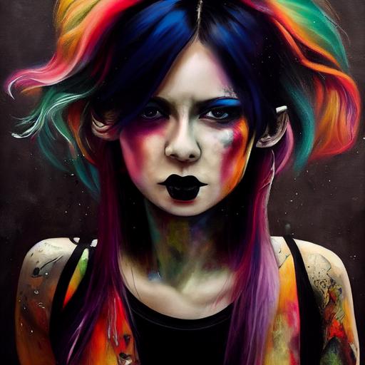 full body pose, hyperrealistic mixed media painting of a goth girl, Tiffany Sheppis, with rainbow hair, soft eyes and narrow chin, dainty figure, torn and tattered tank top, mid riff, short shorts, combat boots, fishnets wet t shirt, wet, raining, dim volumetric lighting, 8 k octane beautifully detailed render, post - processing, portrait, extremely hyper - detailed, intricate, epic composition, cinematic lighting, masterpiece, trending on artstation, very very detailed, masterpiece, stunning, 8 k, hdr, smooth, sharp focus, high resolution, award - winning photo, dslr, 5 0 mm --test --creative