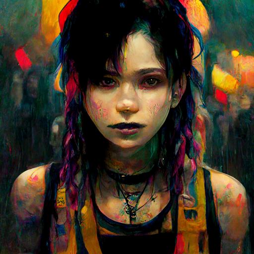 full body pose, hyperrealistic mixed media painting of a goth girl, Tiffany Sheppis, with rainbow hair, soft eyes and narrow chin, dainty figure, torn and tattered tank top, mid riff, short shorts, combat boots, fishnets wet t shirt, wet, raining, dim volumetric lighting, 8 k octane beautifully detailed render, post - processing, portrait, extremely hyper - detailed, intricate, epic composition, cinematic lighting, masterpiece, trending on artstation, very very detailed, masterpiece, stunning, 8 k, hdr, smooth, sharp focus, high resolution, award - winning photo, dslr, 5 0 mm --s 5000 --q 2