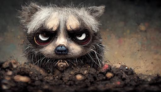 full body, scary Raccoon, stinky, covered in dirt, grumpy face, big eyes --ar 16:9