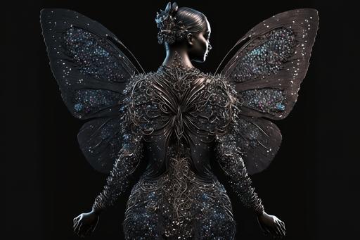 full body sequin anthropomorphic dark butterfly, gothic, elegant, stunning --ar 3:2 --v 4