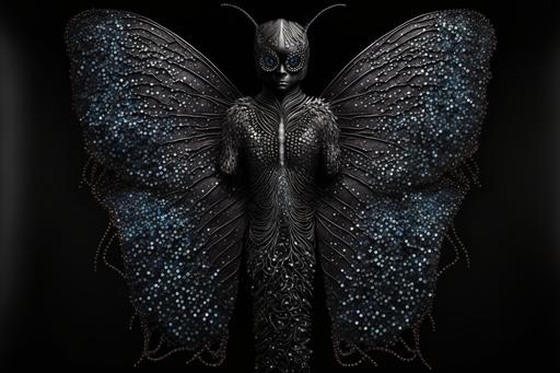 full body sequin anthropomorphic dark butterfly, gothic, elegant, stunning --ar 3:2 --v 4