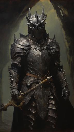 full body shot, Painting of a medieval knight wearing a dragon bone skull helmet and armor from terraria, dark grey necrotic bone armor, cavernous background, 1970's surrealist dark fantasy art style, book cover art, realism: lifelike accuracy, volumetric lighting, --style raw --ar 9:16