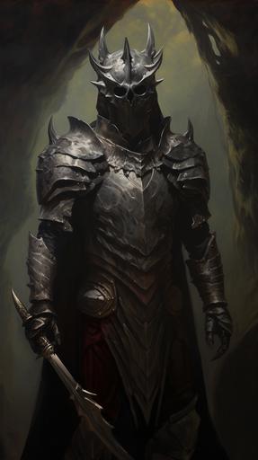 full body shot, Painting of a medieval knight wearing a dragon bone skull helmet and armor from terraria, dark grey necrotic bone armor, cavernous background, 1970's surrealist dark fantasy art style, book cover art, realism: lifelike accuracy, volumetric lighting, --no sword --style raw --ar 9:16