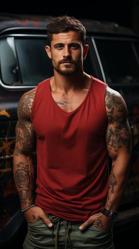 full body shot, full length body shot of 30 year old muscular man with full arm tattoos leaning against an old truck, a red vintage truck with the hood up. The man has his ankles crossed, arms leaning on truck, open shirt showing small colorful tattoos on chest --ar 9:16 --style raw --s 750