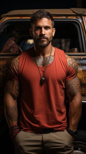 full body shot, full length body shot of 30 year old muscular man with full arm tattoos leaning against an old truck, a red vintage truck with the hood up. The man has his ankles crossed, arms leaning on truck, open shirt showing small colorful tattoos on chest --ar 9:16 --style raw --s 750