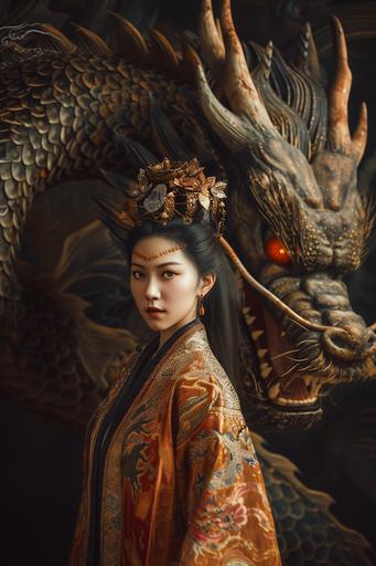 full body shot lowest wide angle, chinese warrior empress with diffused flower crown next to a huge blazing loong dragon's head, metallic powdered microcrystal skin, long jet black glistening hair, deep luminous golden eyes, perfect pale porcelain skin, gorgeous, timeless, rich opulent clothing, guo pei robe, hypnotic stare, languishing, predator gaze, anatomically correct, anatomical proportions correct, all body parts visible,   textures: ultra realistic, sculpture like   dark colors   tangerine  azure   saffron   baroque   rococo   indigo   dark violet,   complimentary color highlights   guo pei, eiko ishioka, tarsem singh, detailed, final fantasy, symmetrical face,sculptural, Stanley kubrick style, full body portrait, hyper realistic, zbrush, epic perspective, octane render, volumetric light, cinematic lighting, cinematic detail, composition, photorealistic, render in unreal engine 5, 8k render,ultra detailed technical precision, rule of third, dark epic scene --ar 2:3 --v 6.0