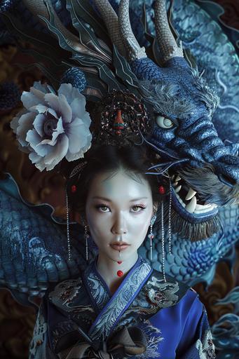 full body shot lowest wide angle, chinese warrior empress with diffused flower crown next to a huge blazing blue dragon's head, metallic powdered microcrystal skin, long jet black glistening hair, deep luminous golden eyes, perfect pale porcelain skin, gorgeous, timeless, rich opulent clothing, guo pei robe, hypnotic stare, languishing, predator gaze, anatomically correct, anatomical proportions correct, all body parts visible,   textures: ultra realistic, sculpture like   dark colors   tangerine  azure   saffron   baroque   rococo   indigo   dark violet,   complimentary color highlights   guo pei, eiko ishioka, tarsem singh, detailed, final fantasy, symmetrical face,sculptural, Stanley kubrick style, full body portrait, hyper realistic, zbrush, epic perspective, octane render, volumetric light, cinematic lighting, cinematic detail, composition, photorealistic, render in unreal engine 5, 8k render,ultra detailed technical precision, rule of third, dark epic scene --ar 2:3