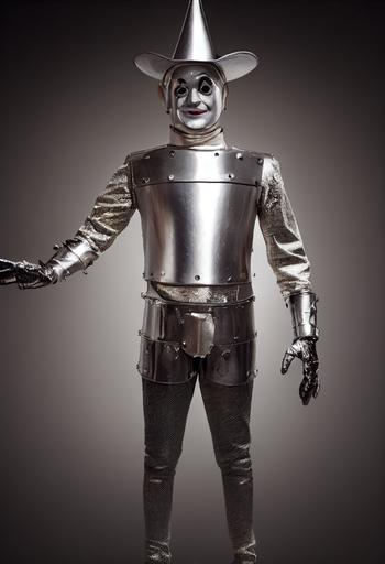 full body shot, man dressed in tin man costume from the wizard of oz, fantasy, magical, hyper realistic, micro details, detailed eyes, detailed tin, hyper detailed, photorealistic, symmetrical face, wide angle lens, depth of field, professionally colour graded, HDR, shot on film, photo realistic, High octane render, epic composition, enhanced face, super realistic, cinematic 8k, Unreal engine, extremely detailed, hypermaximalist, trending on artstation, dynamic pose, soft dynamic light, photoshop, rtx , 8k vray --ar 9:16 --testp --v 3 --upbeta --upbeta