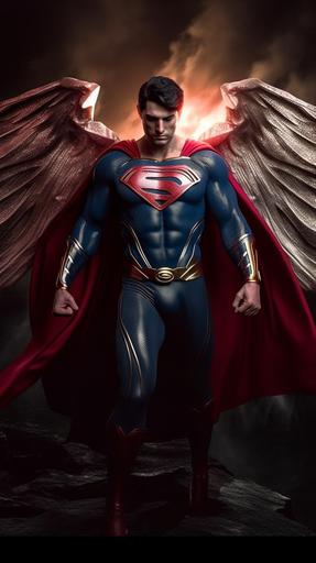 full body shot of Superman possessed by an archangel::10 six large red angelic wings::6 the photo should be a full length shot, shallow depth of field to emphasize the subject, taken using a Canon EOS R camera with a 50mm f/ 1. 8 lens, f/ 2. 2 aperture, shutter speed 1/ 200s, ISO 100 and natural light, Full Body, Hyper Realistic Photography, Cinematic, Cinema, Hyperdetail, Ultrahd, Colour Correction, ultrahd, hdr, color grading, 8k, ::5 --ar 1080:1920 --q 2 --upbeta --v 5