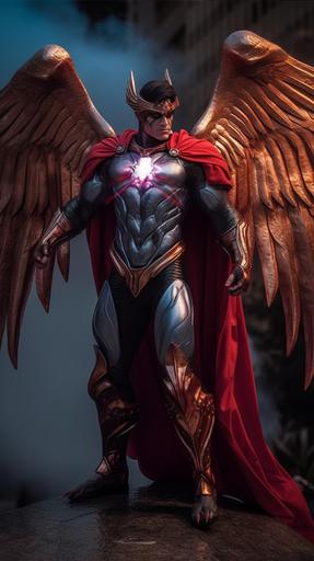 full body shot of Superman possessed by an archangel::10 six large red angelic wings::6 the photo should be a full length shot, shallow depth of field to emphasize the subject, taken using a Canon EOS R camera with a 50mm f/ 1. 8 lens, f/ 2. 2 aperture, shutter speed 1/ 200s, ISO 100 and natural light, Full Body, Hyper Realistic Photography, Cinematic, Cinema, Hyperdetail, Ultrahd, Colour Correction, ultrahd, hdr, color grading, 8k, ::5 --ar 1080:1920 --q 2 --upbeta --v 5