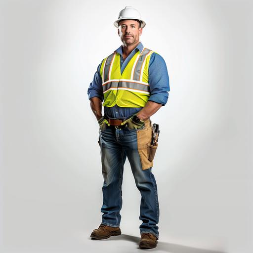 full body shot of a Construction worker in full gear standing against a vibrant white background, adorned in a clean white hard hat, a reflective yellow vest, pressed blue shirt, and durable work boots, embodying the ideal of proper uniform use on the job site --v 6.0 --style raw