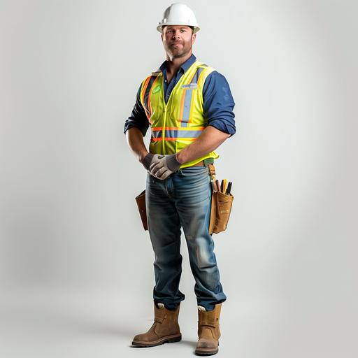 full body shot of a Construction worker in full gear standing against a vibrant white background, adorned in a clean white hard hat, a reflective yellow vest, pressed blue shirt, and durable work boots, embodying the ideal of proper uniform use on the job site --v 6.0 --style raw