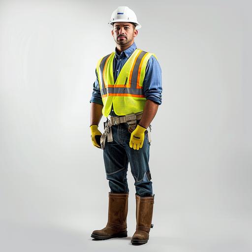 full body shot of a Construction worker in full gear standing against a vibrant white background, adorned in a clean white hard hat, a reflective yellow vest, pressed blue shirt, and durable work boots, embodying the ideal of proper uniform use on the job site --v 6.0 --style raw