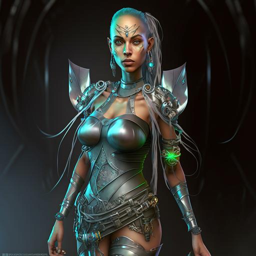 full body shot of a beautiful female elf technomage in silver sheer techwear tunic, stunning face, detailed realistic eyes, female Brazilian model, cyberpunk scene, colorful, perfect symmetrical features, latina, character illustration, character art, dynamic pose, in style of shadowrun character portraits, rpg concept art, 8k, hd --v 4