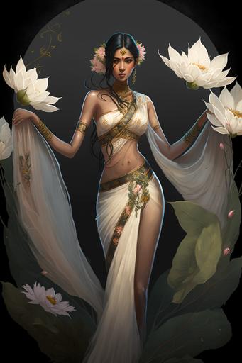 full body shot of a north-indian beautiful hot women black hair black eyes wearing saree, full body, lotus flower theme, white swan, flowers, vivid, fantasy, highly detailed, digital painting, artstation, concept art, character art, art by greg rutkowski and tyler jacobson and alphonse mucha --ar 2:3 --s 100